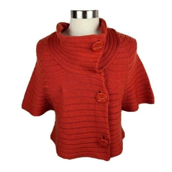 Moth Rust Wool Ribbed Knit Poncho L High Collar Button Cardigan Sweater Cape - Picture 1 of 12